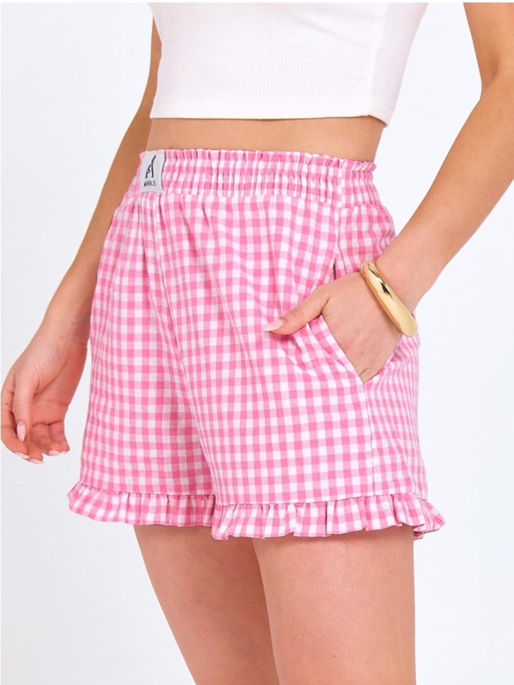 ANRABESS Women’s Boxer Shorts Pink Gingham Plaid Elastic Waist and Ruffles Small - Picture 3 of 4